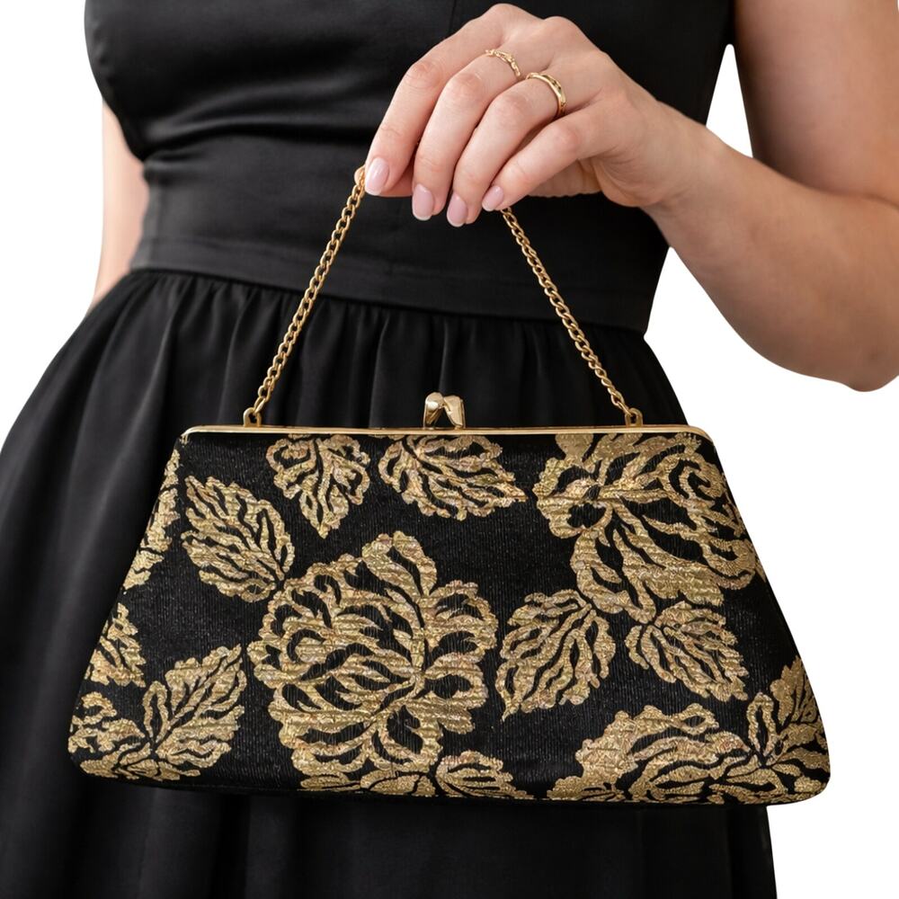 Vintage 60s Black Metallic Gold Brocade Clutch Chain Purse